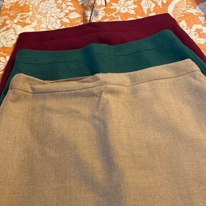 J Crew #2 pencil skirts in camel, burgundy, and academic green (hunter green.)